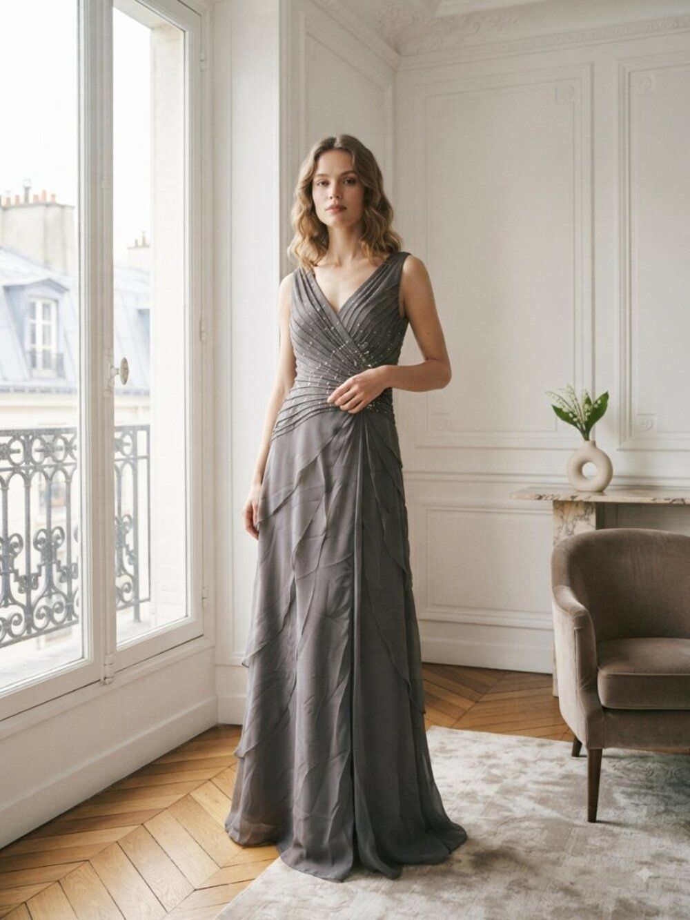 Ignite Evenings Elegant Beaded V-Neck Evening Gown in Charcoal Gray Sz 12